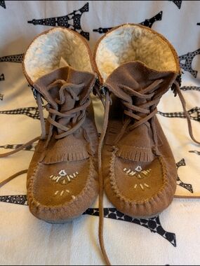 Brown Leather Moccasin Boots with Shearling Lining